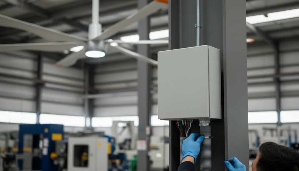 técnico instalando ventilador de techo industrial