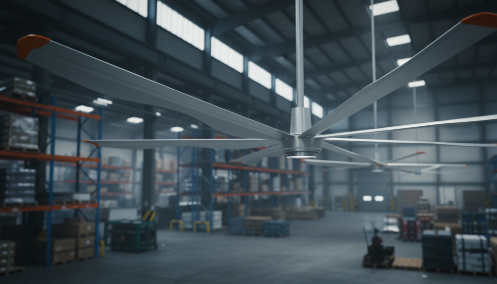 Primer plano de un ventilador industrial dentro de un almacén