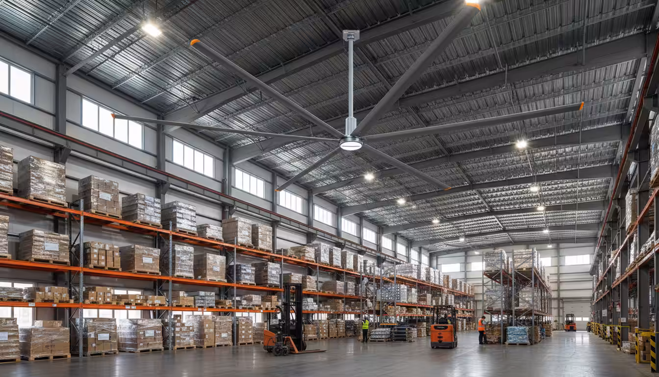 ventilador industrial ubicado en un almacén
