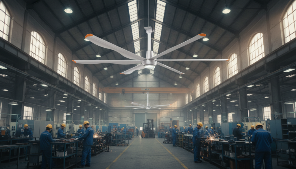 Almacén lleno de gente con un ventilador industrial