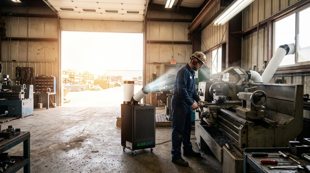 Spot cooler Blizzcool junto a operario en taller industrial con puerta abierta