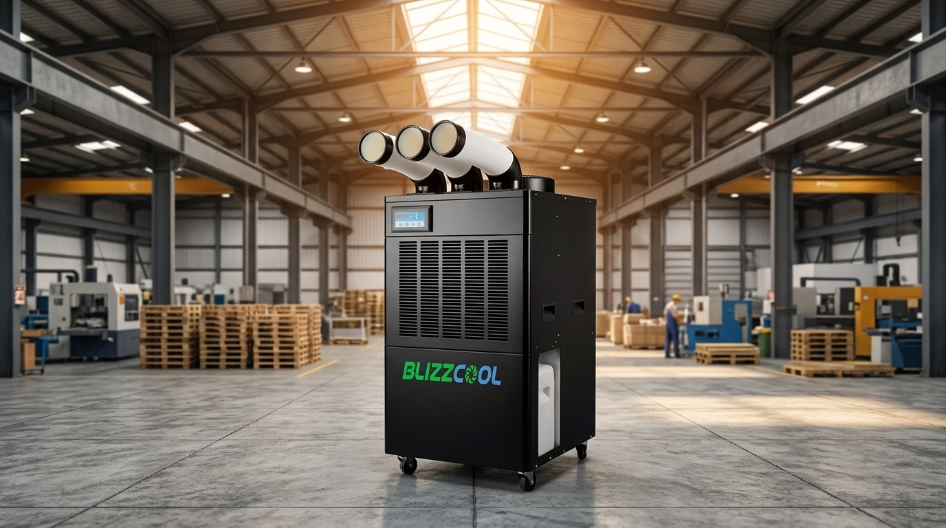 Aire acondicionado industrial portátil Blizzcool spot cooler en nave industrial