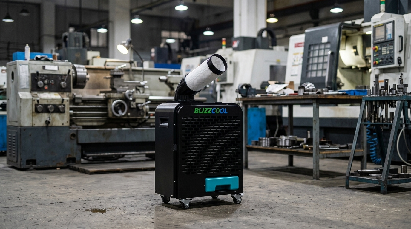 Spot cooler Blizzcool en nave industrial de techos altos para climatización de puesto de trabajo