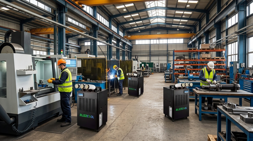 Tres puestos de trabajo en nave industrial cada uno con un spot cooler Blizzcool individual