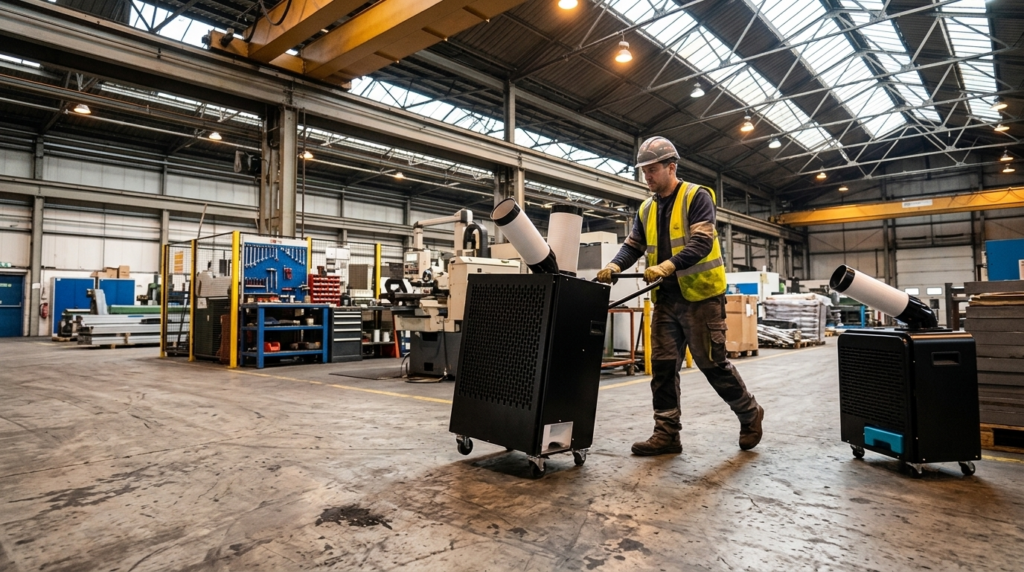 Operario desplazando spot cooler Blizzcool sobre ruedas en nave industrial